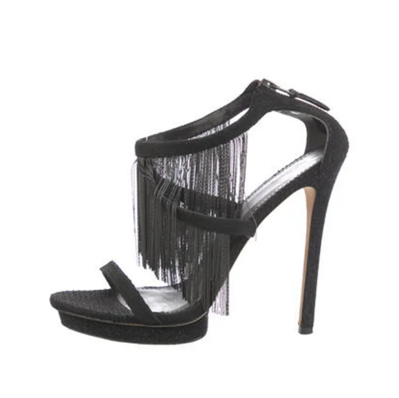 Brian Atwood Black Fringe Stilletto Heels Sandals Size 10 - Picture 1 of 5